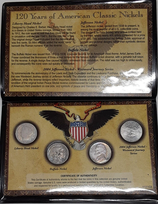 120 Years of Classic American Nickel Set - 4 Coin Set in Info Folder