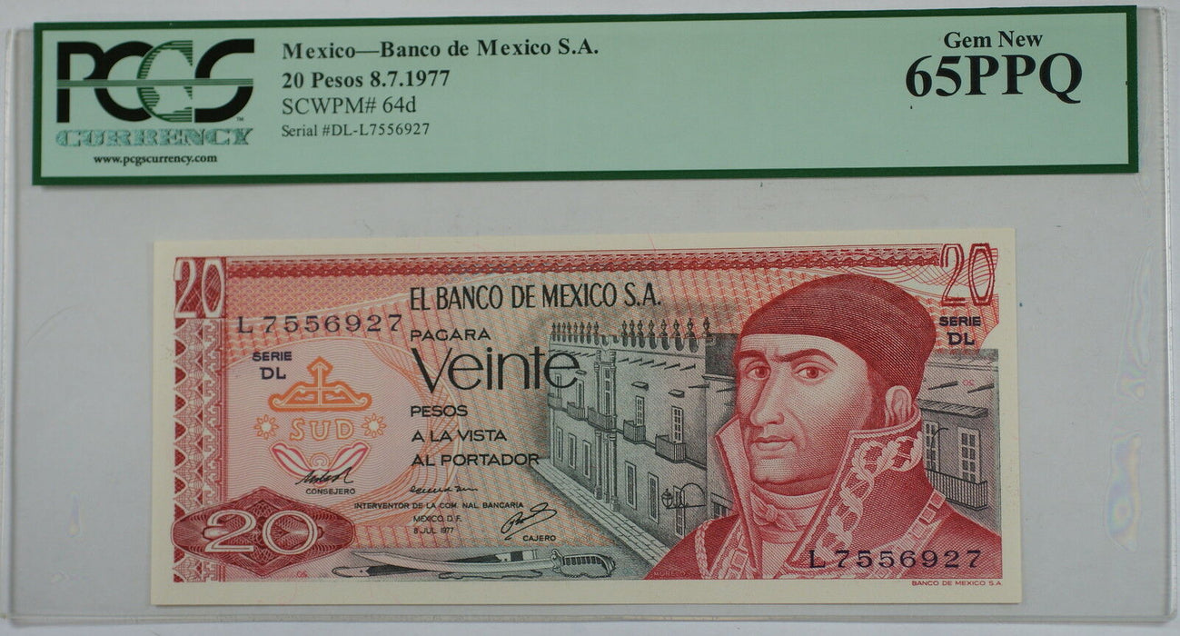 8.7.1977 Banco de Mexico S.A. 20 Pesos Note SCWPM# 64d PCGS 65 PPQ Gem New