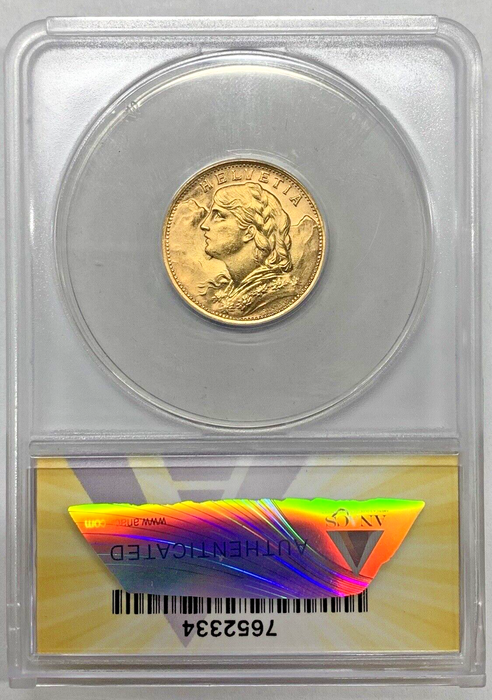 1935-LB Swiss 20 Francs Gold Coin Restrike Year ANACS MS 64