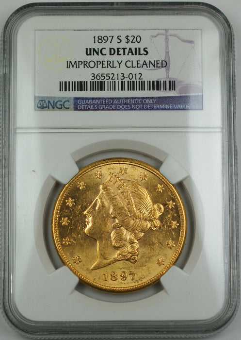 1897-S Liberty $20 Double Eagle Gold Coin, NGC UNC Details (Improperly Cleaned)