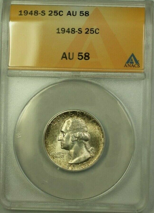1948-S Washington Quarter 25c Coin ANACS AU-58 Toned (Better Coin) (WW)