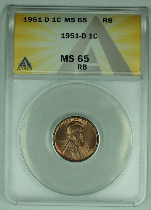 1951-D Lincoln Wheat Cent 1C Coin ANACS MS 65 RB (32) A