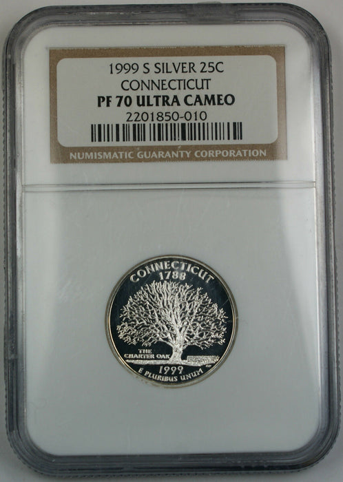 1999-S NGC PF-70 UC Connecticut 90% Silver Statehood Quarter, Proof Coin