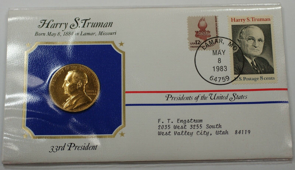 Harry S. Truman Medal 24 KT Electroplate Gold & Stamps Cover