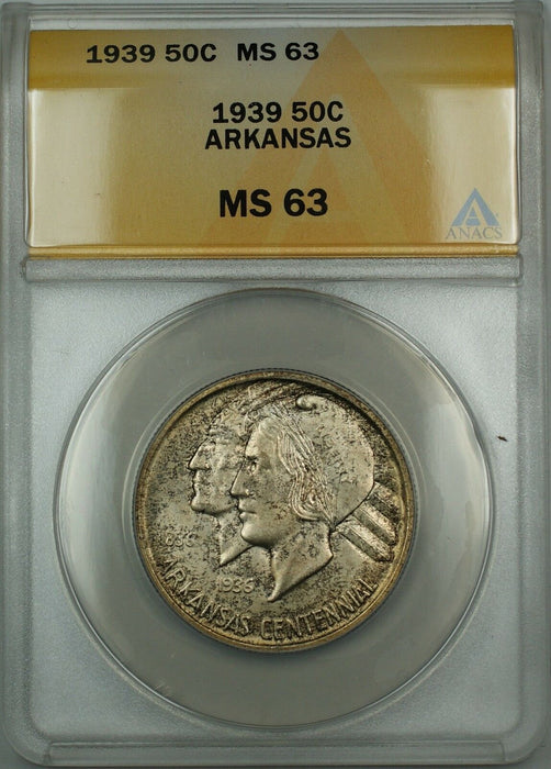1939 Arkansas Silver 50c Commemorative ANACS MS-63 (Better Coin) Toned DGH