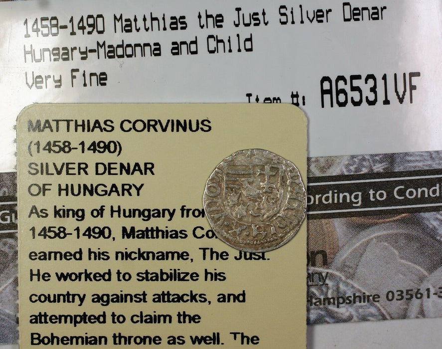 1458-1490 Matthias Just Silver Denar Hungary-Madonna Child Silver Coin Littleton