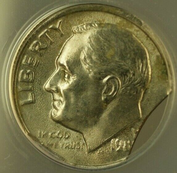 1981-1985 (ND) Roosevelt Dime 10c Mint Error Doubled Curved Clip ANACS MS-63