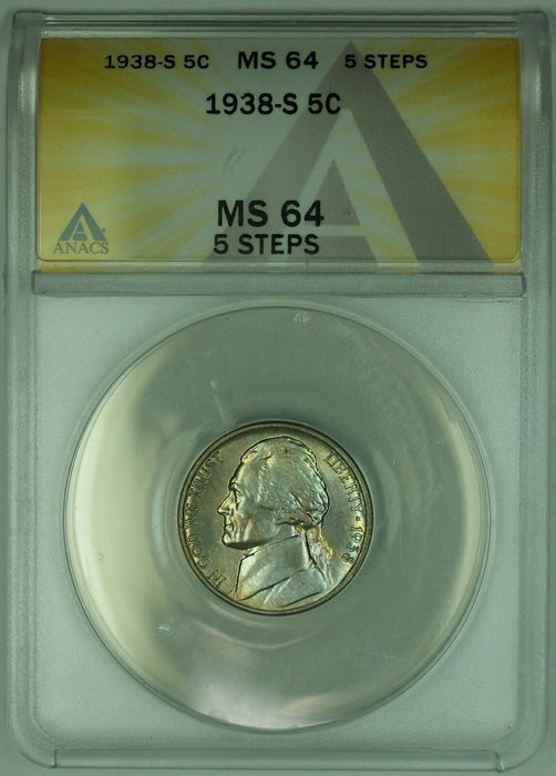 1938-S Jefferson Nickel 5C ANACS MS 64 5 Steps (51)