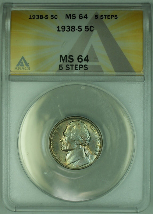 1938-S Jefferson Nickel 5C ANACS MS 64 5 Steps (51)