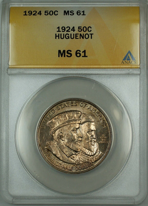 1924 Huguenot Commemorative Silver Half Dollar 50c Coin ANACS MS-61 Toned