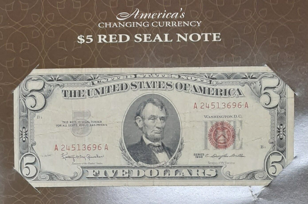 America's Changing Currency Series 1963 $5 US Note Fine Cond. in Info Folder