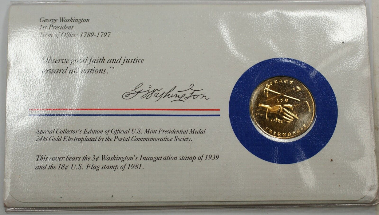 John Adams Presidential Medal 24 KT Electroplate Gold & Stamps Cover