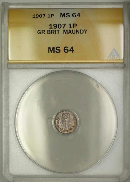 1907 Great Britain King Edward VII Maundy 1P Penny Silver Coin ANACS MS-64
