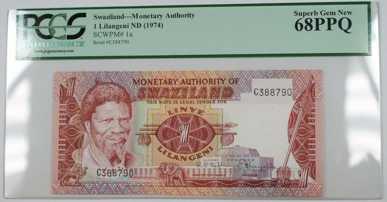 (1974) Swaziland 1 Lilangeni Note SCWPM# 1a PCGS 68 PPQ Superb Gem New