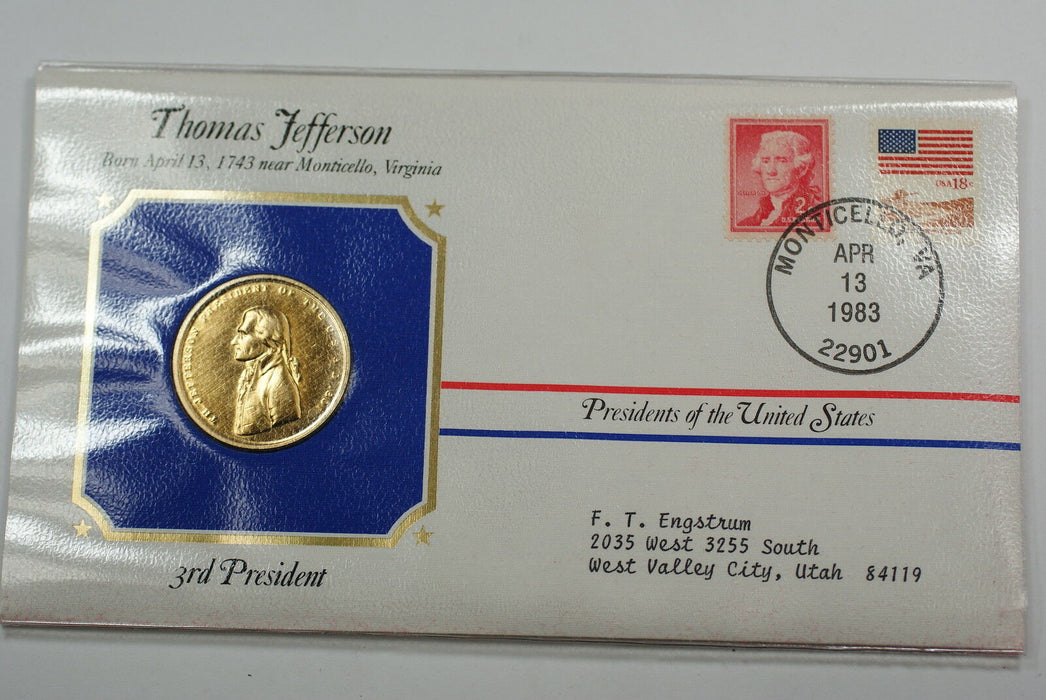 Thomas Jefferson Presidential Medal 24 KT Electroplate Gold & Stamps Cover
