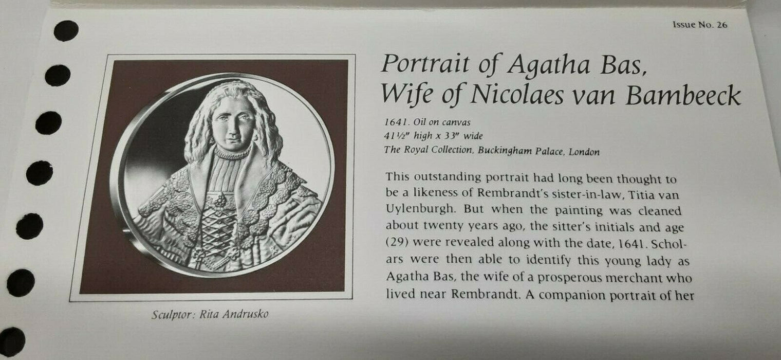 Franklin Mint Genius/Rembrandt PR .925 Silver Medal-Portrait Agatha Bas in Card