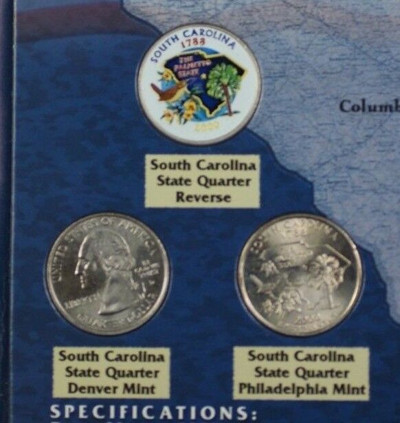 3 South Carolina Quarters P & D 1 Colorized In Beautiful Folder W/ Info About SC