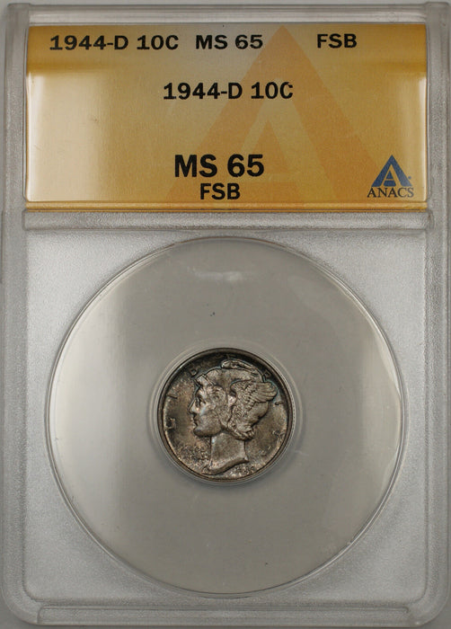 1944-D Silver Mercury Dime 10C Coin ANACS MS-65 Full Split Bands (Toned 11 B)