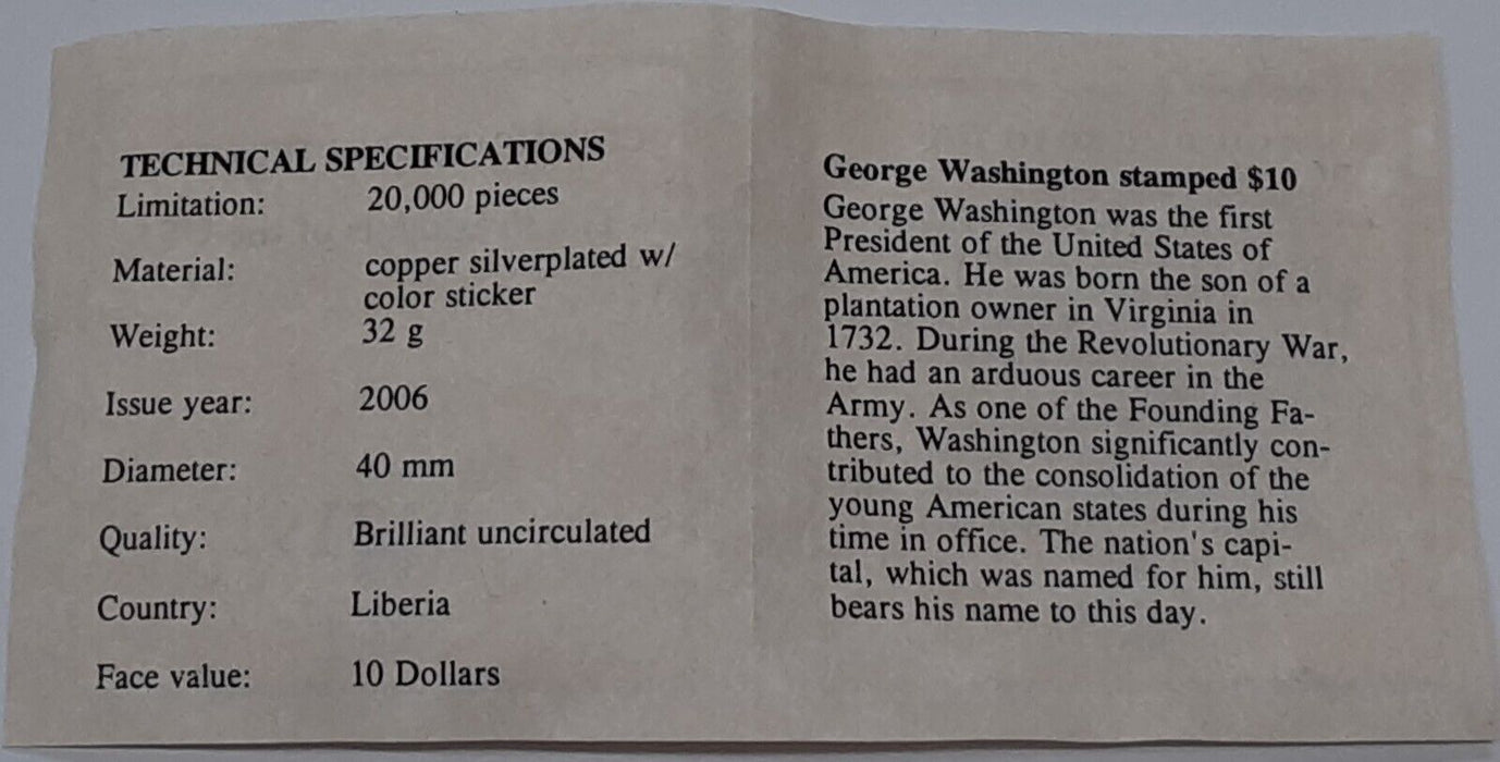 2006 Liberia Washington-US Presidents $10 40MM Silver Plated Cu-Ni Coin