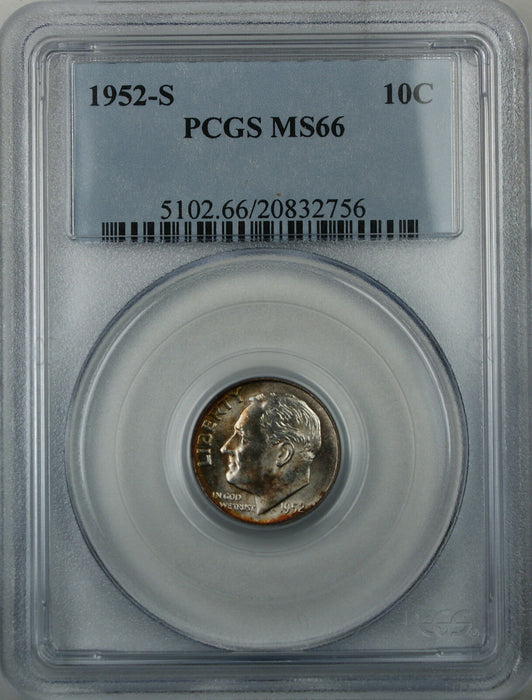 1952-S Silver Roosevelt Dime 10c PCGS MS-66 Nicely Toned (A)