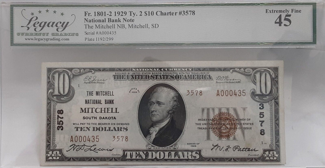 1929 $10 National Currency Ty2 Mitchell NB, Mitchell SD CH#3578 Legacy EF-45
