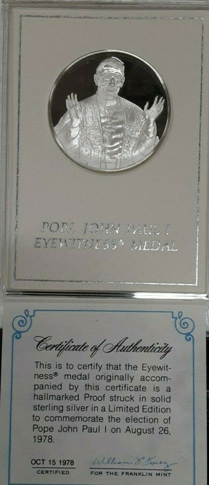 1978 Proof Franklin Mint .925 Silver Pope John Paul I Eyewitness Medal