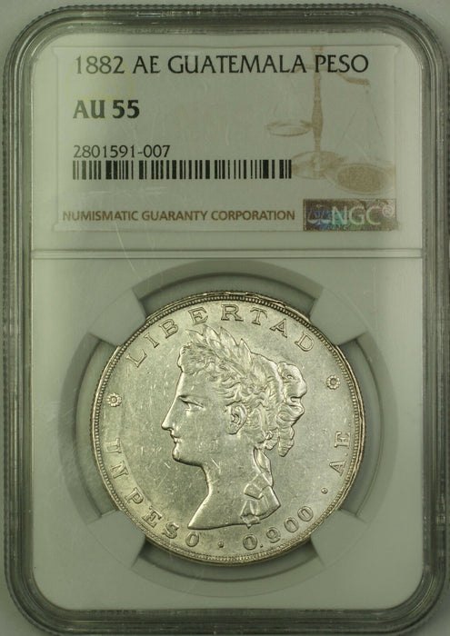 1882 AE Guatemala Silver Peso Coin NGC AU-55