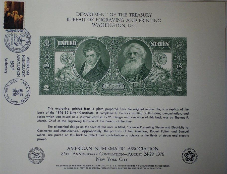 BEP souvenir card B 38 ANA 1976 back 1896 $2 Educational silver certificate