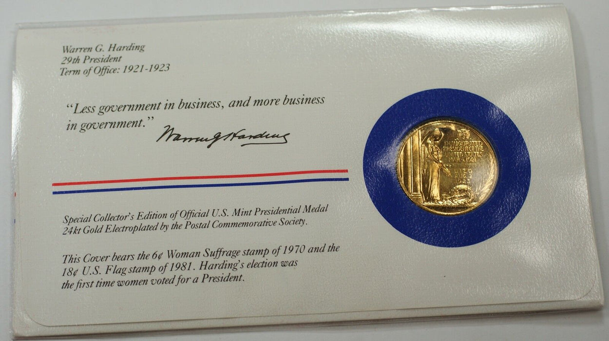 Warren G. Harding Presidential Medal 24 KT Electroplate Gold & Stamps Cover