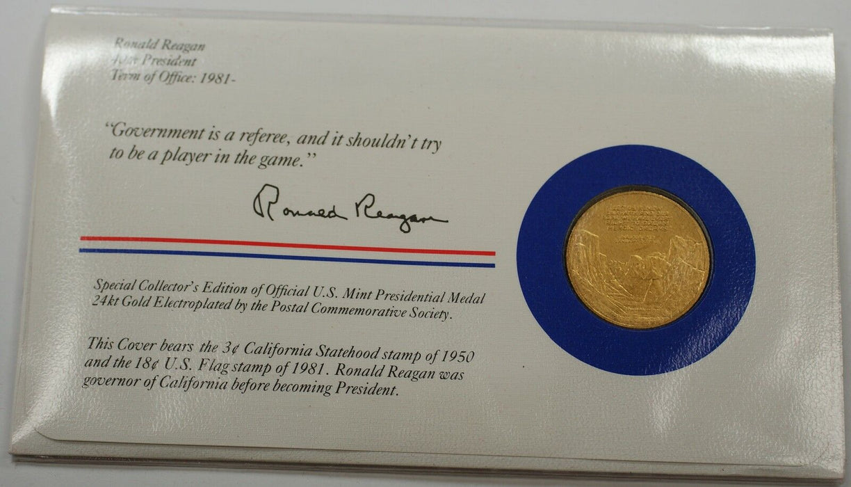 Ronald Reagan Medal 24 KT Electroplate Gold & Stamps Cover