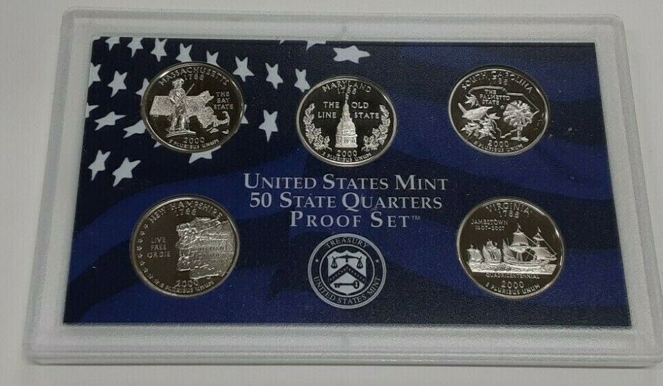 2000-S US Mint Clad Proof State Quarters Set 5 Gem Coins In OGP w/Box & COA