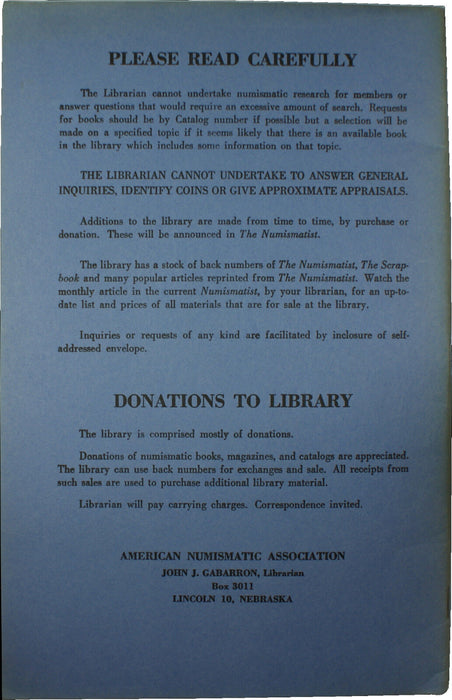 October 1962 ANA Library Catalog American Numismatic Association