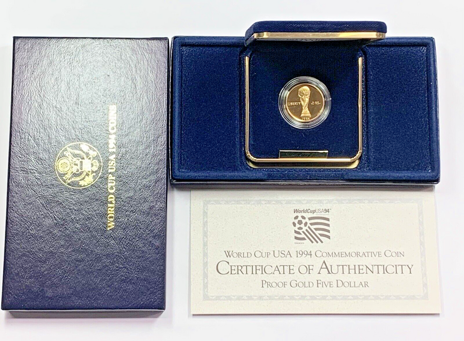 1994 $5 USA World Cup Commemorative Proof Gold Coin Box & COA