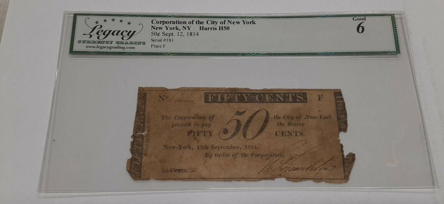 1814 Corporation of City of New York, NY 50 Cent Note Harris H50 Legacy Good-6