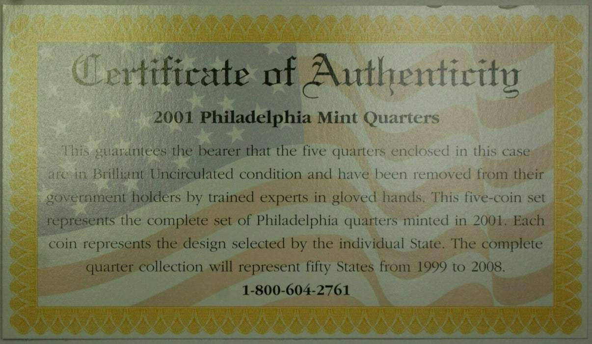 2001 Philadelphia "Mint Edition" State Quarter Collection 5 Quarter UNC Set