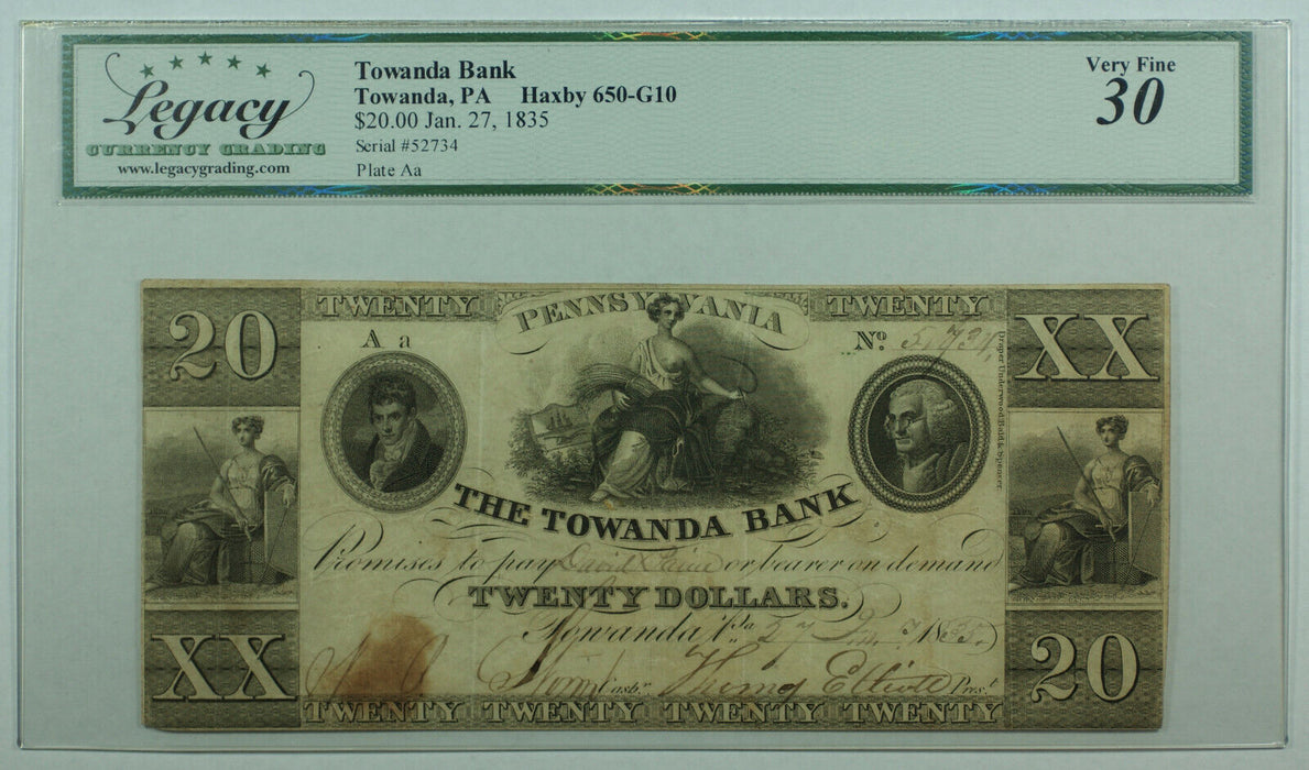 1835 Towanda Bank PA $20 Twenty Dollar Note Legacy VF-30