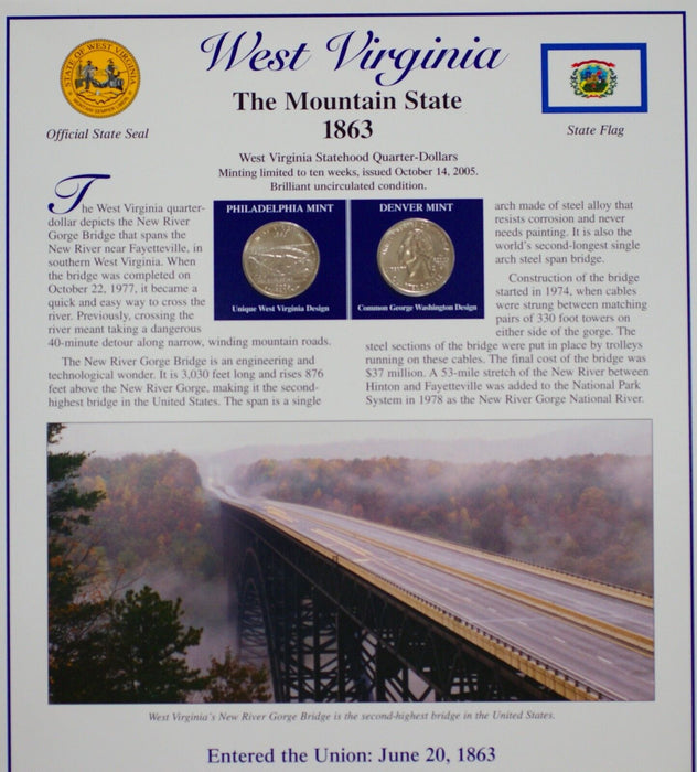 West Virginia 2005 P&D Quarter for Anniversery of Statehood Bonus Stamp