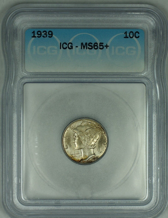 1939 Mercury Silver Dime 10c Coin Beautiful Tone ICG MS 65+ (53) A