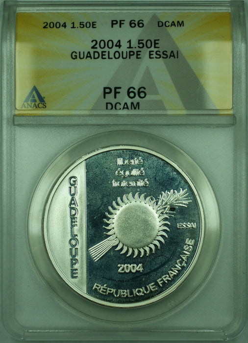 2004 1.50E France ANACS PF 66 DCAM Guadeloupe Essai 1.5 Euro Silver Proof Coin