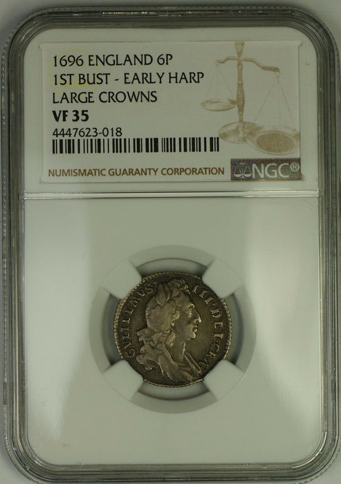 1696 England 1st Bust Early Harp L. Crowns William III 6P Silver Coin NGC VF-35