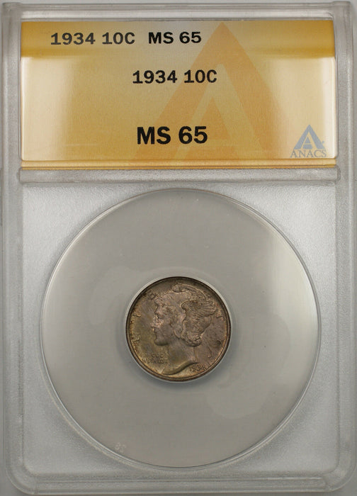 1934 Silver Mercury Dime 10C Coin ANACS MS-65 (Toned Full Split Bands 10)