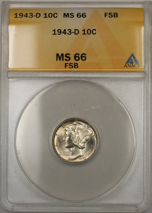 1943-D Silver Mercury Dime 10C ANACS MS-66 Full Split Bands (Better Coin 11 F)