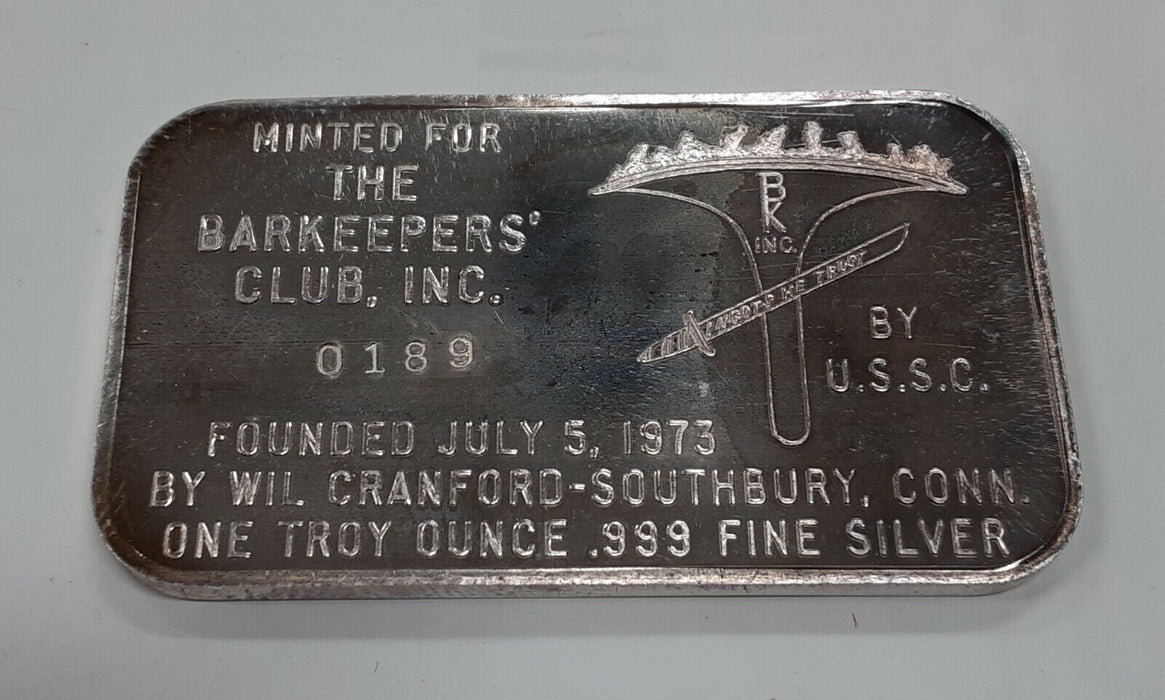 US Silver 1 Troy Oz .999 Silver Bar Happy New Year 76/Barkeepers Club   SB203