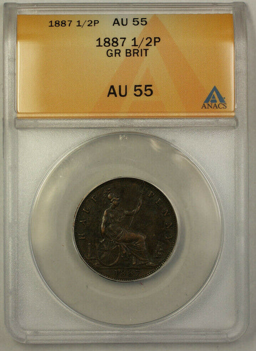 1887 Great Britain 1/2 Penny Copper Coin Queen Victoria ANACS AU 55