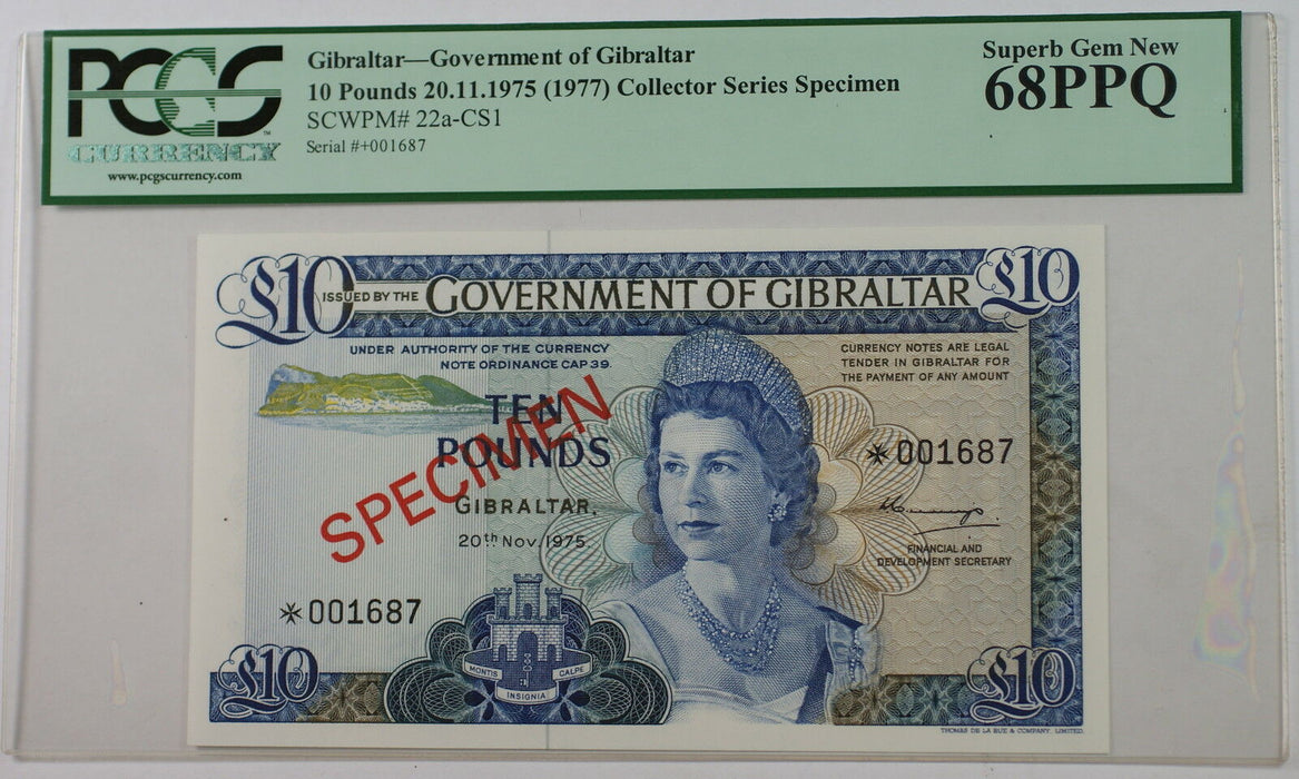 1975 Gibraltar 10 Pounds Specimen Note SCWPM# 22a-CS1 PCGS 68 PPQ Superb Gem