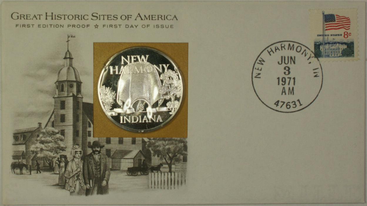 1971 New Harmony Indiana Great Historic Site Medal Proof Silver First Day Cover