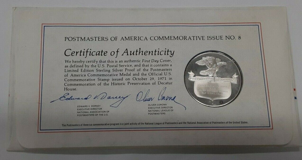 1971 Postmasters Of America Commemorative Silver Medal  Decatur House