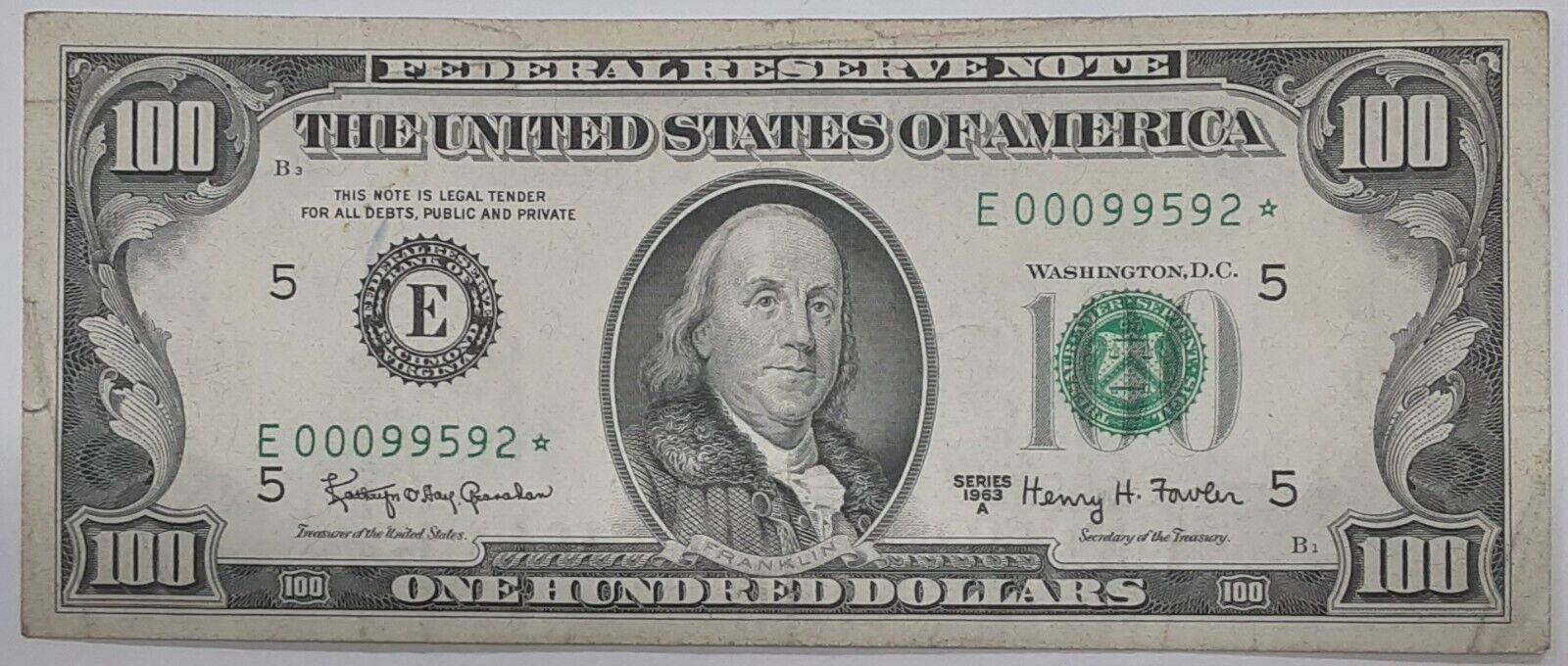 1963A $100 Federal Reserve STAR Note Fr. 2163-E*  Very Fine Plus  WW