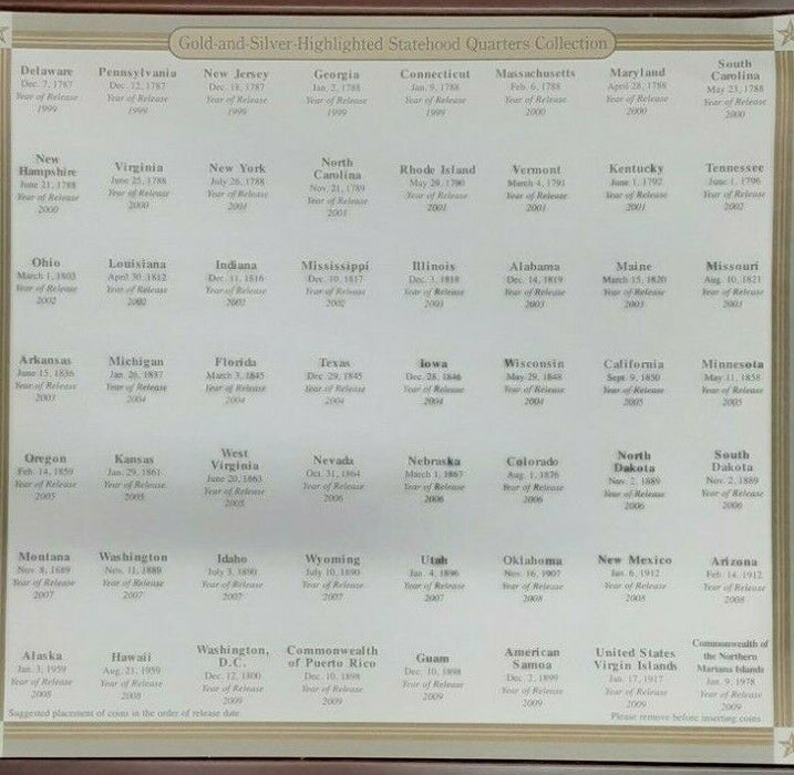 1999-2008 US Gold/Silver Highlights State Quarters 56 Coin Set in Wood Case
