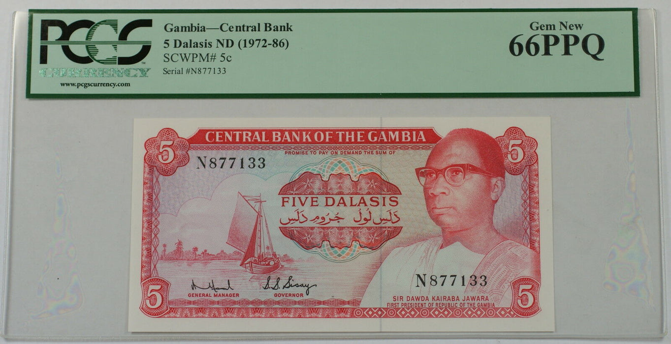 (1972-86) Gambia Central Bank 5 Dalasis Note SCWPM# 5c PCGS 66 PPQ Gem New